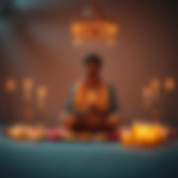 A person sitting cross-legged, meditating while chanting the Kamdev Gayatri mantra, surrounded by candles and flowers, creating a serene atmosphere.