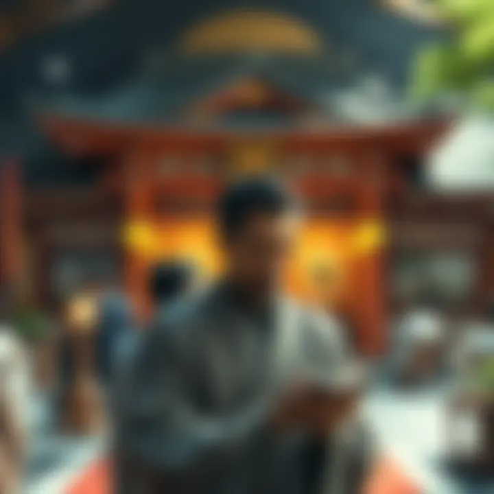 A newcomer practicing chanting at a Nichiren Buddhist temple, surrounded by serene atmosphere and traditional decor.