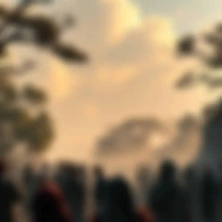 Chanting Orphic Hymns A group of people gathered outdoors, chanting Orphic hymns, surrounded by nature and a serene atmosphere.