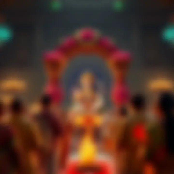 A peaceful scene of people gathered together, chanting in front of a serene altar adorned with flowers and candles, representing devotion and spiritual practice.