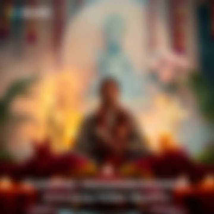 Chanting Vishnu Sahasranamam A person sitting in a peaceful setting, reciting the Vishnu Sahasranamam with a calm expression, surrounded by candles and flowers.