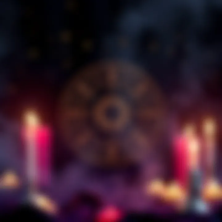 An illustration of a chaos magick symbol surrounded by mystical elements like stars and candles.