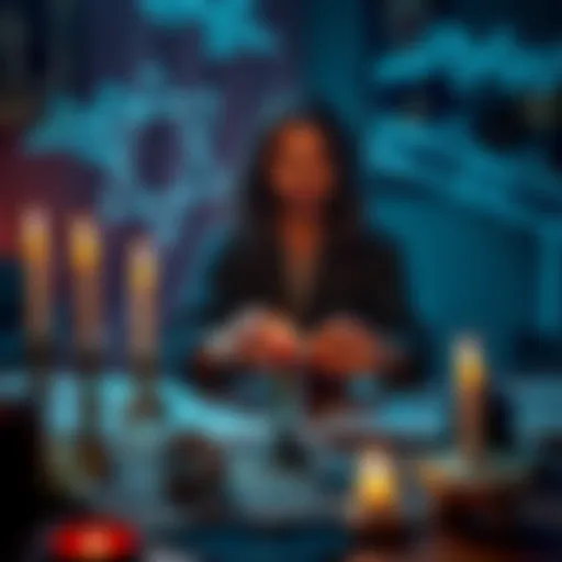 A person seated at a table with candles, crystals, and a notebook, engaging in Chaos Magic practices