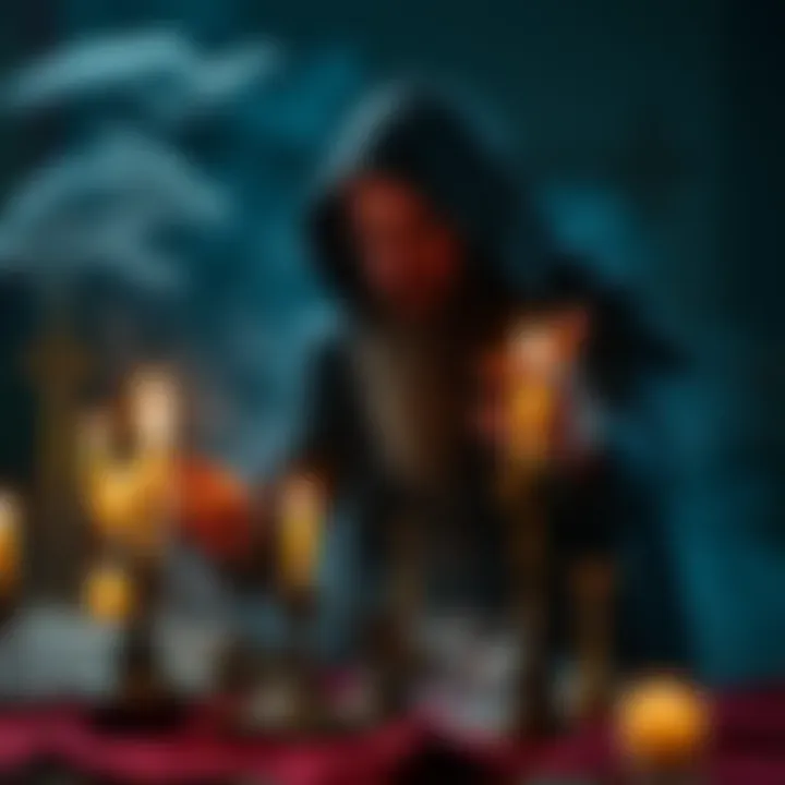 A chaos magician performing a ritual with symbolic items and candles