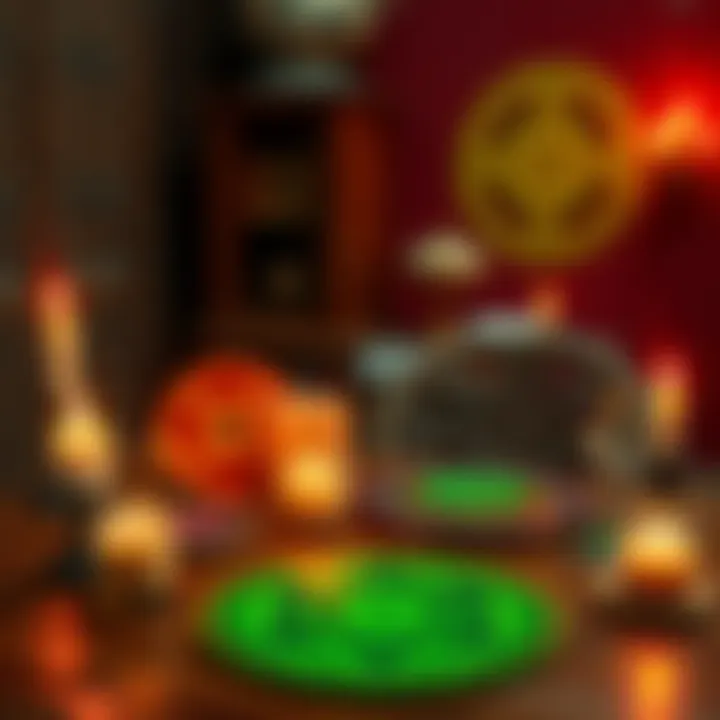 A collection of vibrant chaos magic symbols and sigils on a wooden table with candles around them
