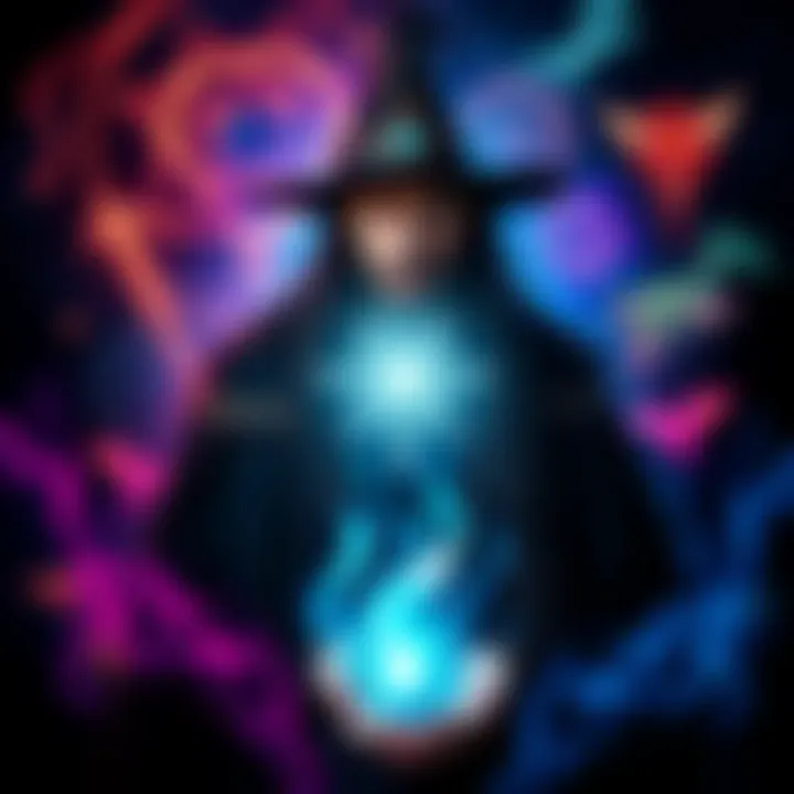 Chaos Magician with Symbolic Image A chaos magician surrounded by various mystical symbols and colorful imagery representing different interpretations of magic.