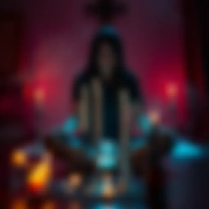 A person sitting cross-legged with candles and crystals, focusing on chaos magick skills.