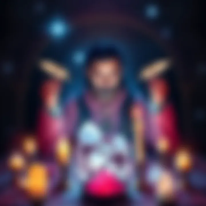 A person casting a spell with candles and crystals, surrounded by symbols representing intelligence and transformation.