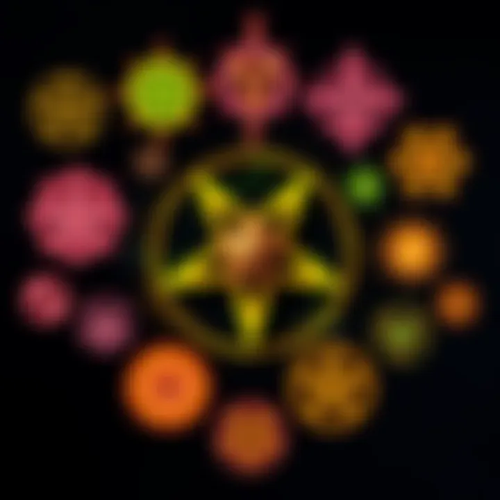 A collection of chaos magick symbols and sigils on a dark background, representing spiritual practices and influence on reality.
