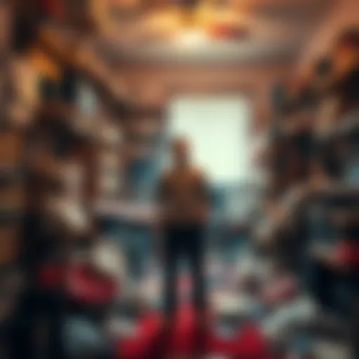 A person standing in a messy room filled with scattered items, looking contemplative.