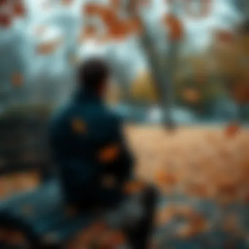 A person sitting on a park bench, looking contemplative as autumn leaves fall around them, symbolizing change and personal upheaval.