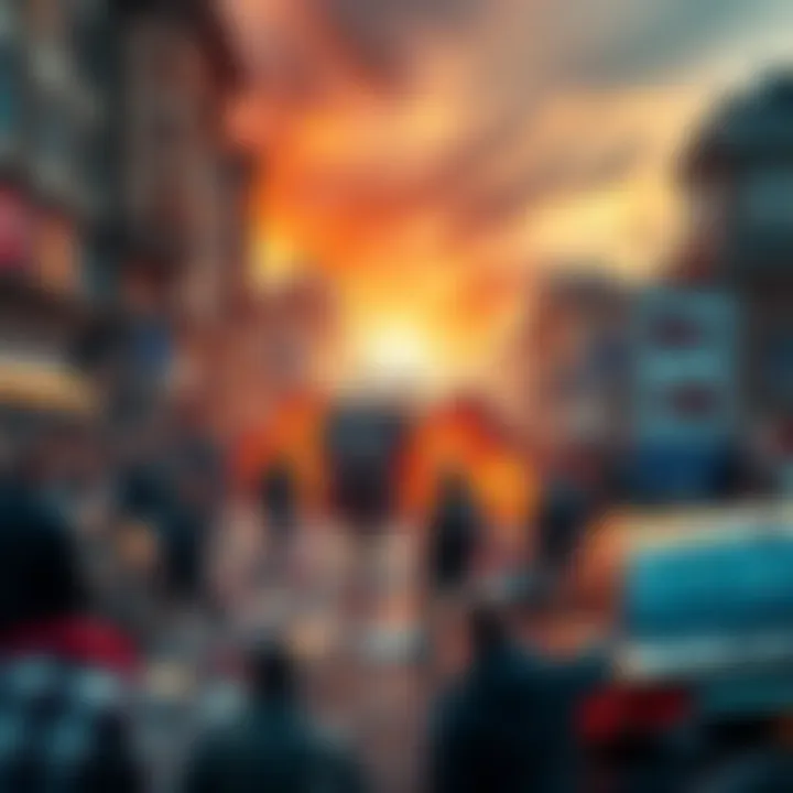 A chaotic scene showing people in disorder, with broken street signs and overturned vehicles, representing society without laws.