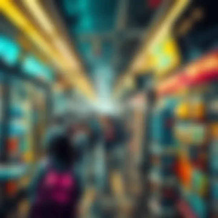 A surreal scene blending a busy school hallway and a crowded shop, with distorted perspectives and overlapping elements creating a sense of confusion.