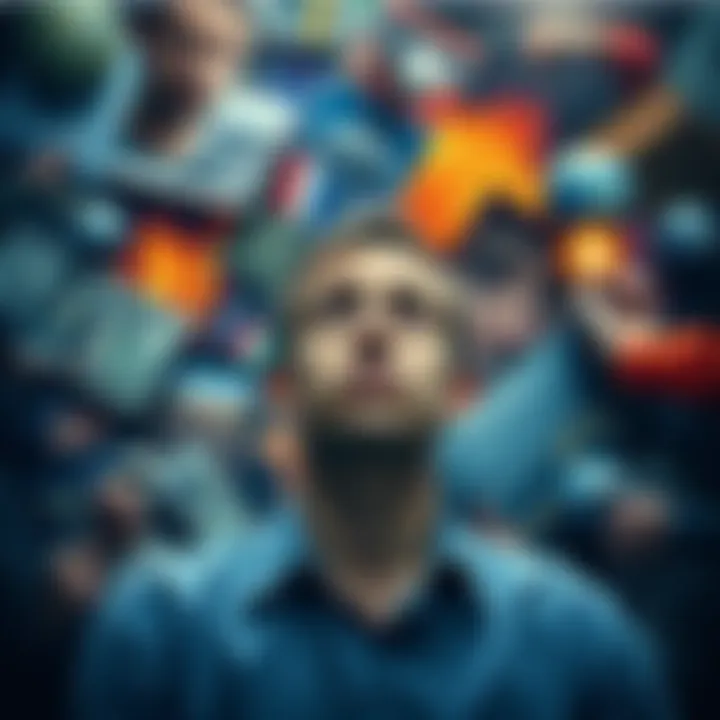 A collage of images representing debt, wars, and climate change impacts, showing a confused person looking at the chaos around them.