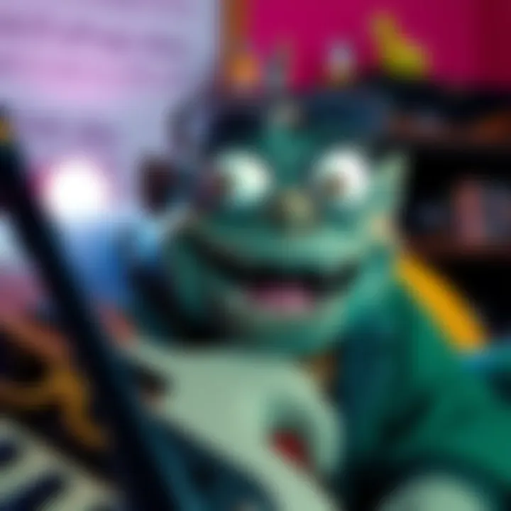 A quirky character from Rest in Bass with a playful expression, reflecting on music and humor, resembling Swamp Izzo's style.