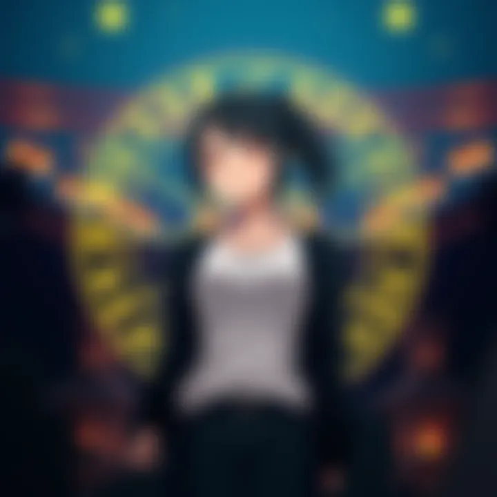 Hinata Hyuga standing confidently with a zodiac wheel in the background, representing the contrast between her personality and astrological sign.