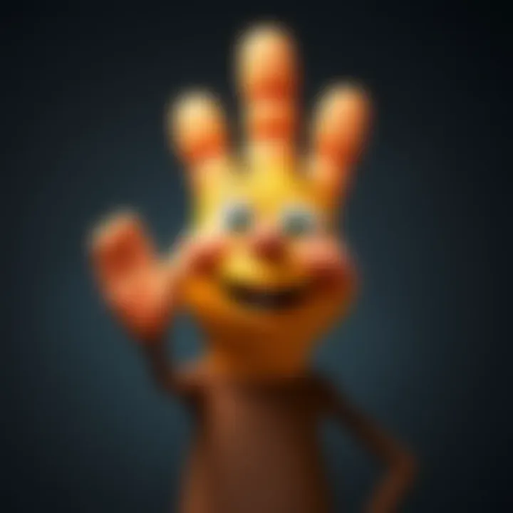 Character with Three Fingers A quirky character with only three fingers waving happily, showcasing its unique design and charm.