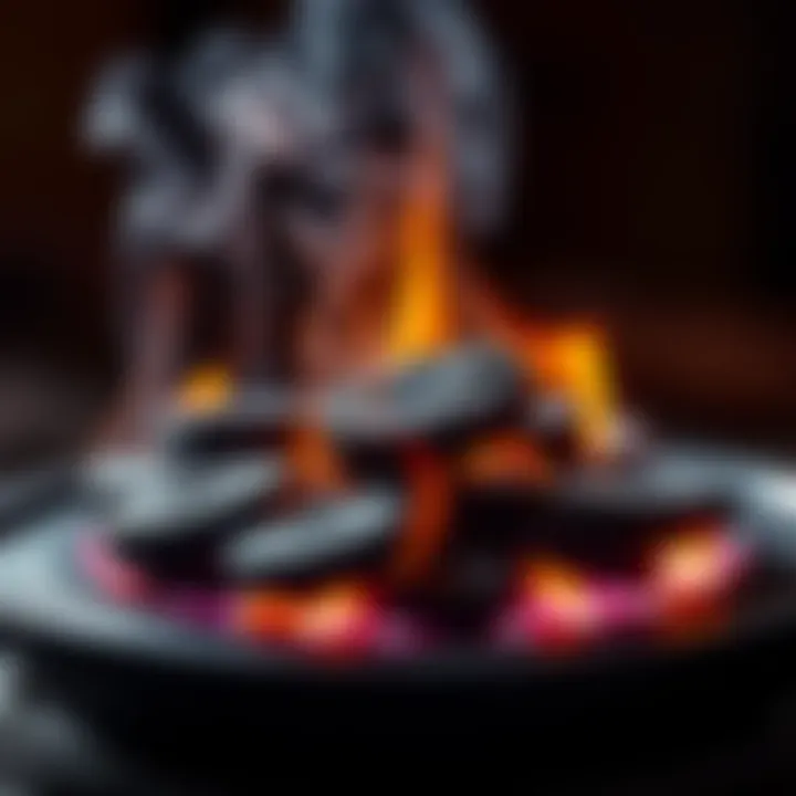 A close-up of glowing charcoal discs burning on a metal surface, with smoke rising gently above them, ready for use in rituals.