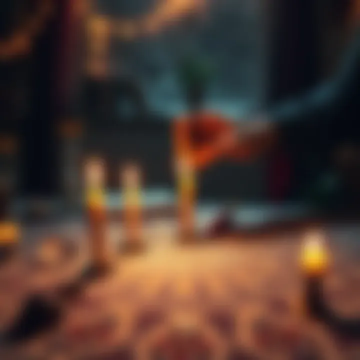 Individual drawing a sigil with candles and crystals on a table