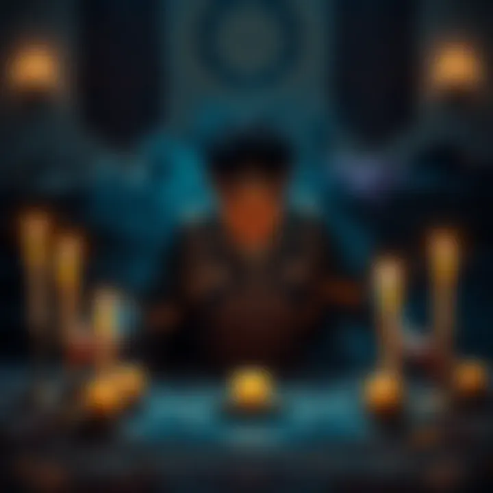 A person concentrating while charging a sigil, surrounded by candles and mystical symbols. The atmosphere is filled with a sense of intent and spiritual energy.
