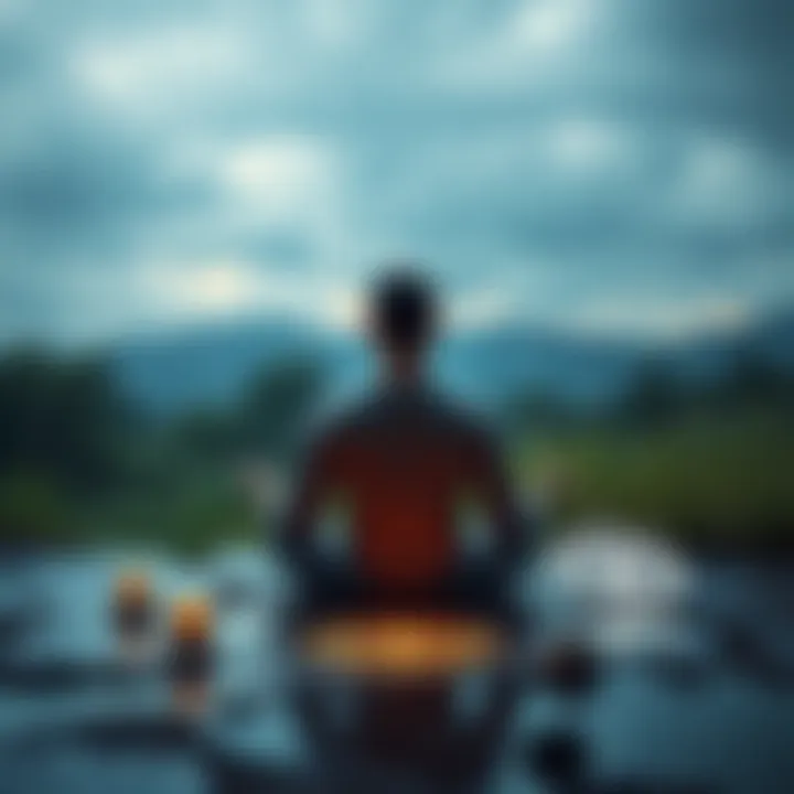 Person meditating outdoors while rainwater falls, with sigils nearby, symbolizing the charging process.