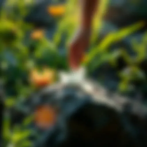 A person placing crystals on a sunlit rock surrounded by greenery to charge them with sunlight.