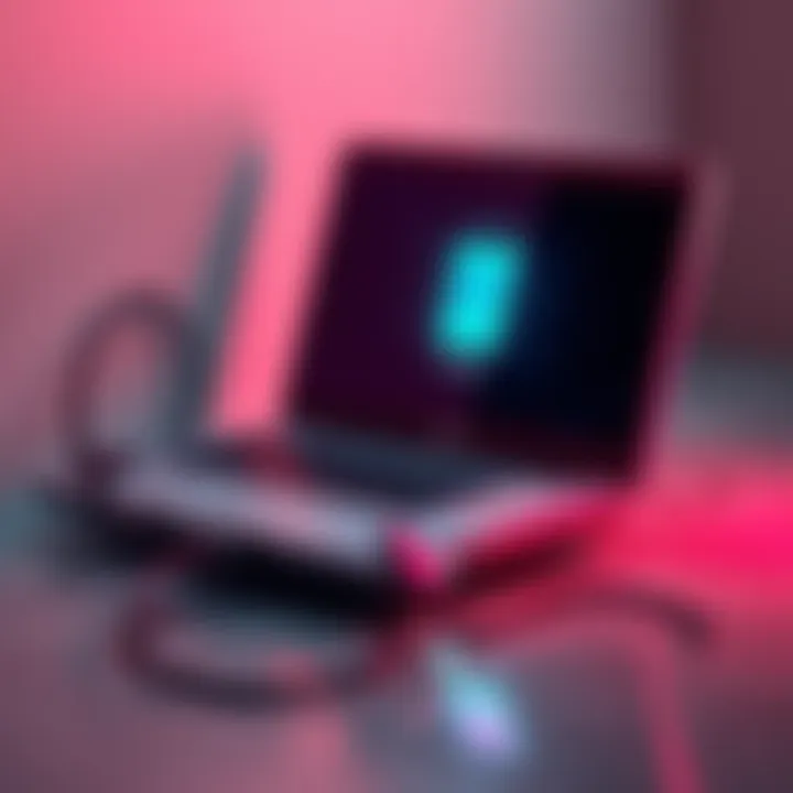 An old laptop connected to a charger with a visible battery icon on the screen, indicating charging status.