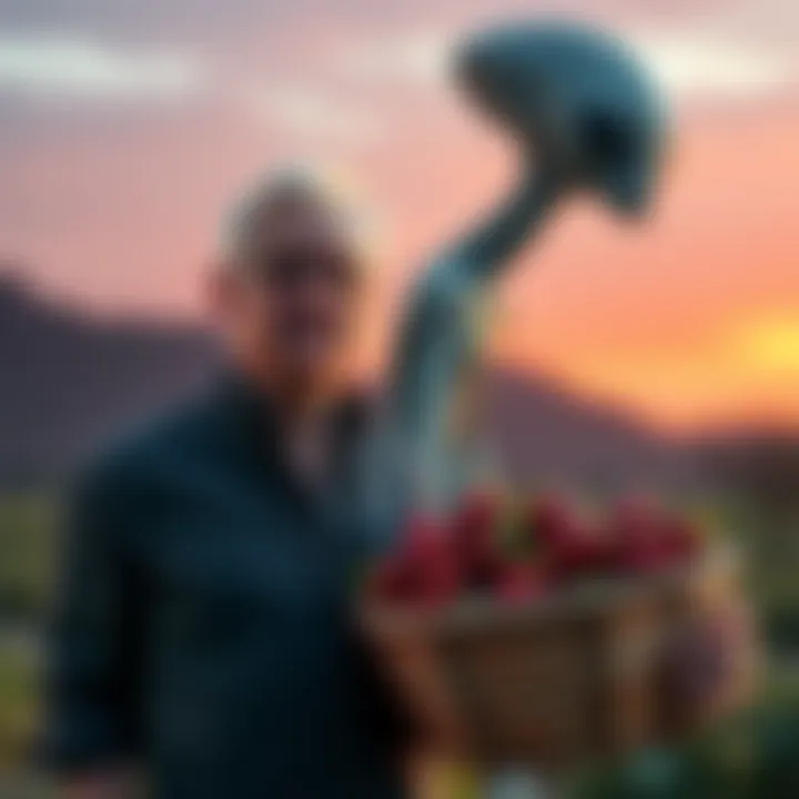 Charles Hall stands with a basket of strawberries while an alien figure appears in the background, hinting at a technology exchange.