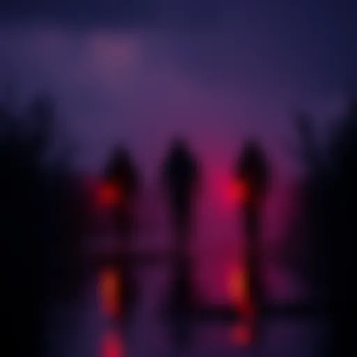 Mysterious figures with red and orange lights walking through the marsh at night in Charleston, South Carolina.