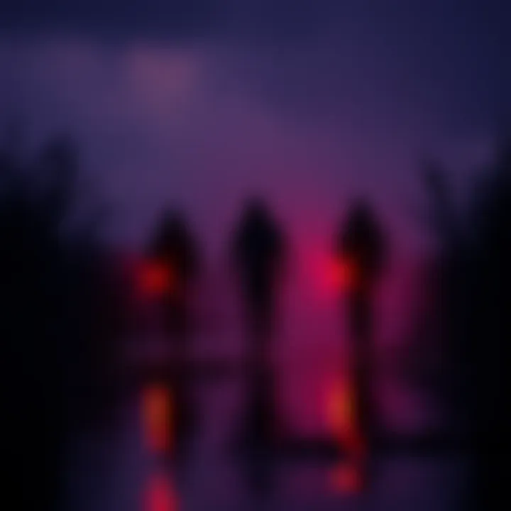 Mysterious figures with red and orange lights walking through the marsh at night in Charleston, South Carolina.