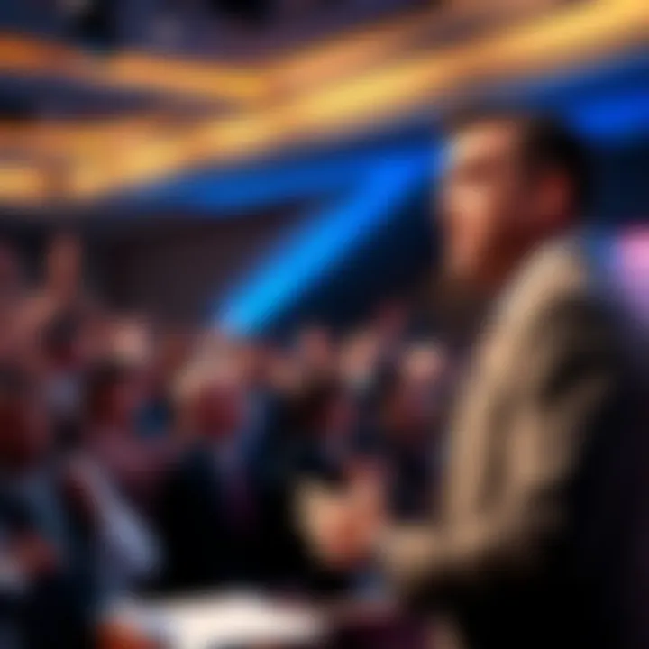 Charlie Kirk speaking at an event with a backdrop of a divided audience reacting to his remarks on Martin Luther King Jr.