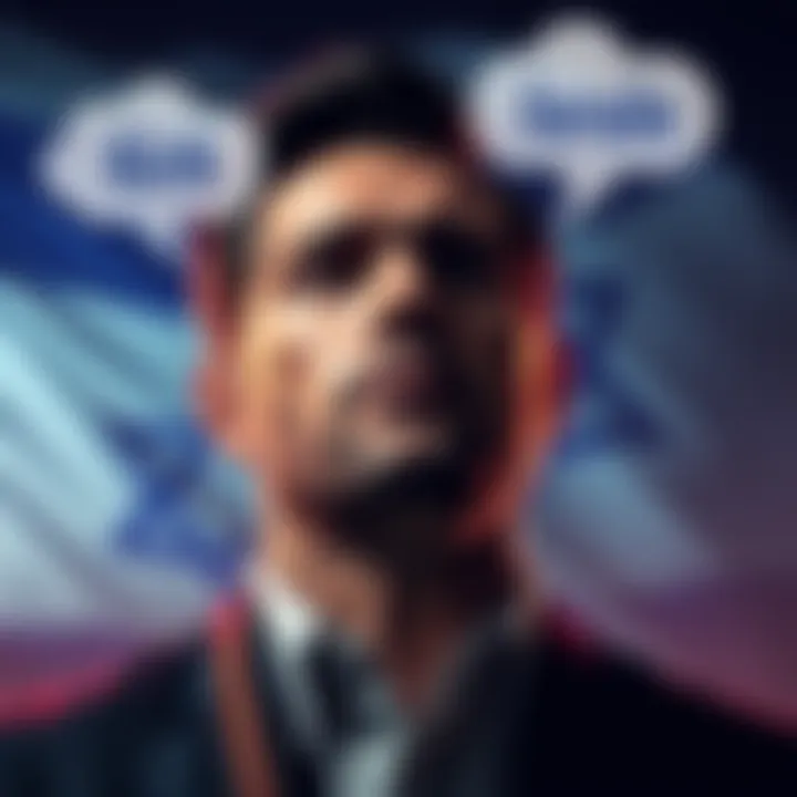 Charlie Kirk controversy A somber depiction of Charlie Kirk with a backdrop of Israel's flag and conversation clouds illustrating political debate.