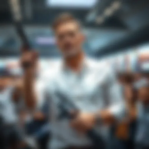 A man in a white shirt appears to hold a weapon close to political figure Charlie Kirk in a crowded setting.