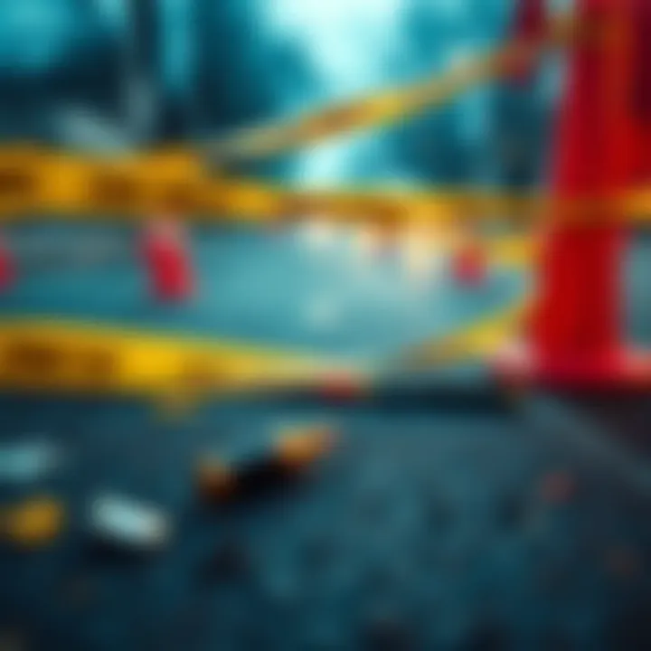 A close-up view of a crime scene with evidence markers and police tape, focusing on a bullet casing on the ground.