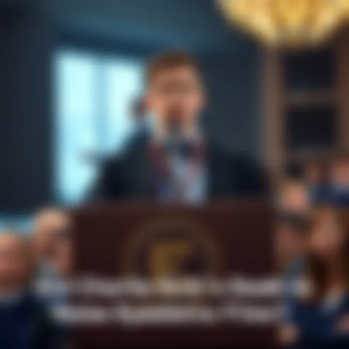 A young man speaking at a podium with a university logo, surrounded by an audience looking concerned.