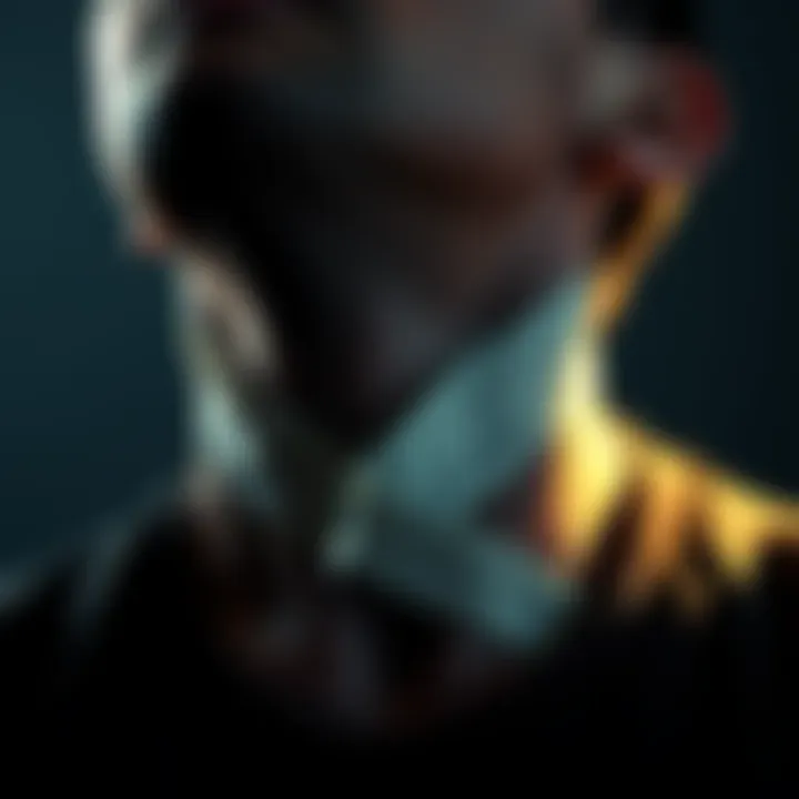 A close-up of a bandaged neck with shadows indicating a suspicious setting, reflecting doubts about the injury and possible faked death.