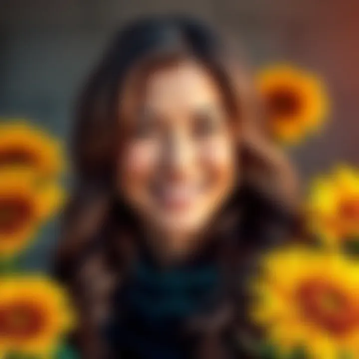 A confident Leo woman born in July or August, smiling and radiating warmth, surrounded by sunflowers, symbolizing her vibrant personality.