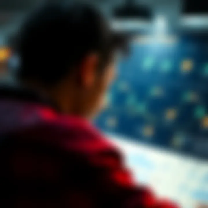 Chart Distribution Overview A person looking at a chart with uneven distribution, focusing on three busy houses and several empty spaces, showing concern about its implications.