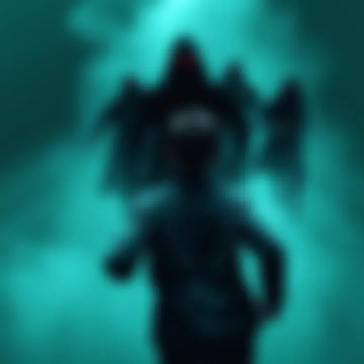 A person looks back while running from dark, shadowy figures in a dreamlike setting.