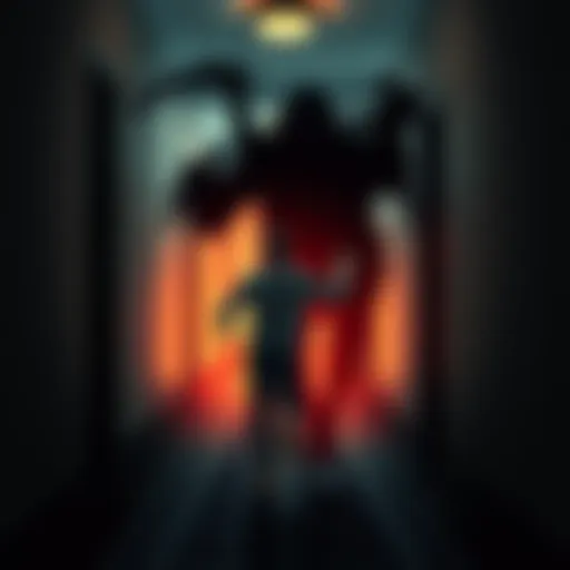 A person runs in fear as a dark, ominous shadow follows them in a dimly lit hotel corridor