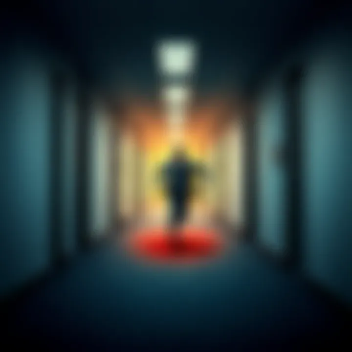 A person running through a modern office hallway while being pursued, capturing the feeling of urgency and fear