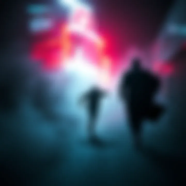 A person running in fear while being pursued by a dark figure in a dream-like setting