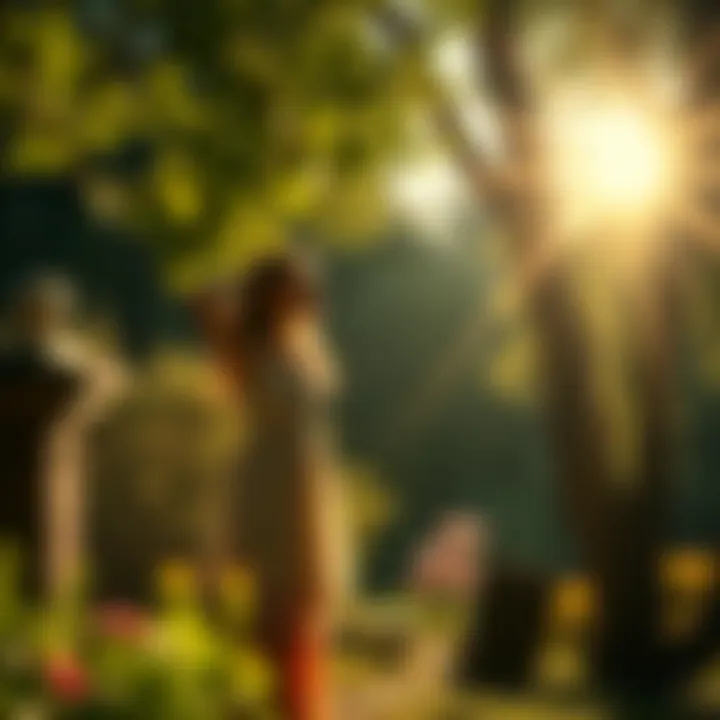 A trans woman stands in a sunlit garden, surrounded by small handmade villages and shadowy figures, reflecting on her childhood and connections to the Fae.