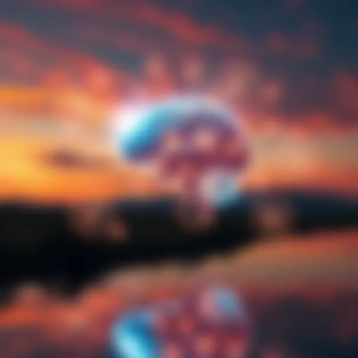 A digital representation of ChatGPT symbolizing the fusion of technology and human knowledge, with a glowing brain surrounded by connected lines of information and a peaceful landscape in the background.