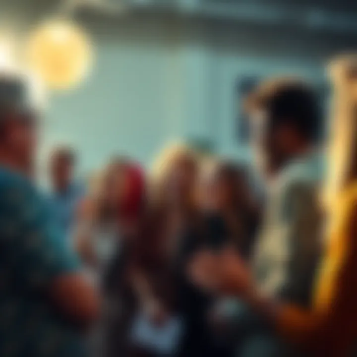 A lively group of people, including those with Leo rising and Gemini Venus and Moon, animatedly talking and enjoying each other's company in a bright setting.