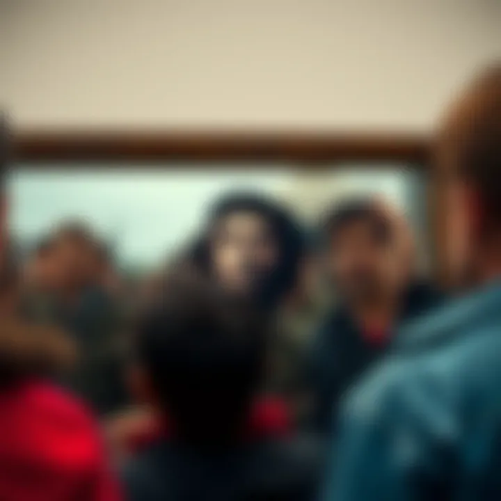 Che Guevara Comparison A group of people looking in a mirror, seeing reflections reminiscent of Che Guevara, showing varied interpretations of his legacy.