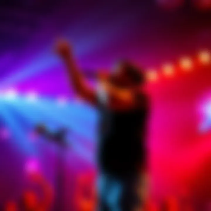 Che performing on stage Che passionately rapping on stage with vibrant lights and a roaring crowd