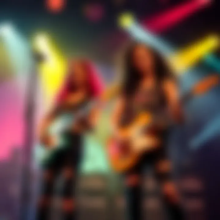 Che and Jaydes Performing Together Che and Jaydes on stage with guitars, expressing their punk rock style in colorful outfits and energetic poses