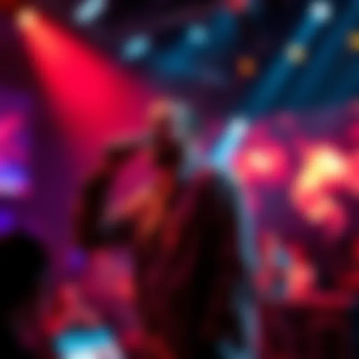 Che performing on stage with a microphone, surrounded by colorful lights and an excited crowd, showcasing his authentic style and energy.