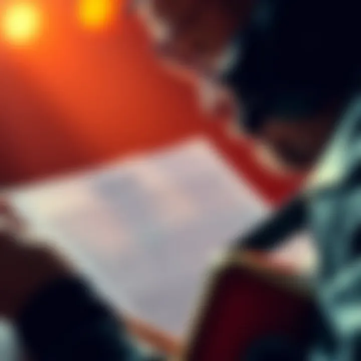 A close-up of a musician with a guitar, deep in thought while looking at sheet music, surrounded by notes and lyrics.